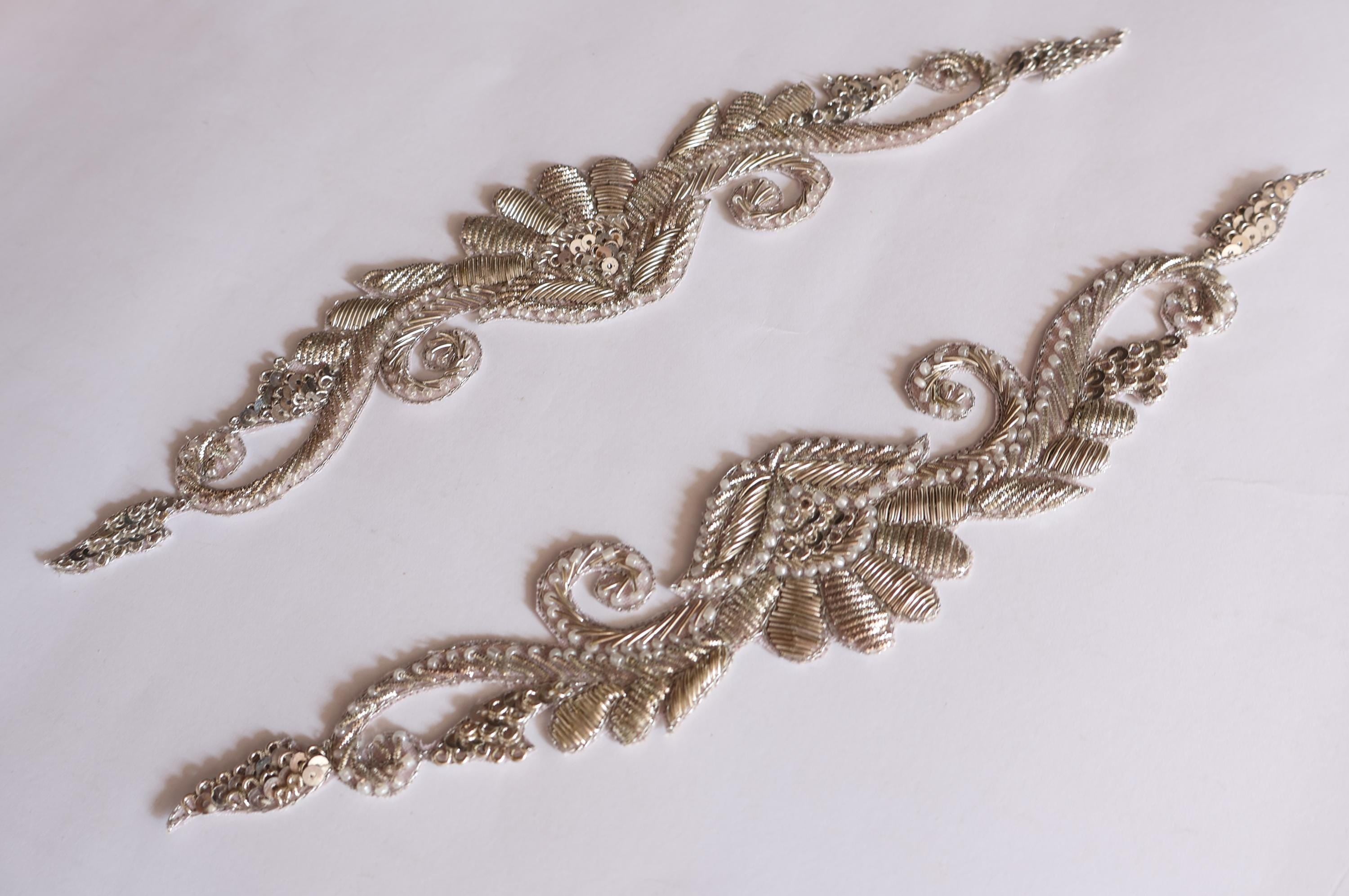 Antique Silver Applique Patch Set: Sequin Pearl Indian Brass Artwork