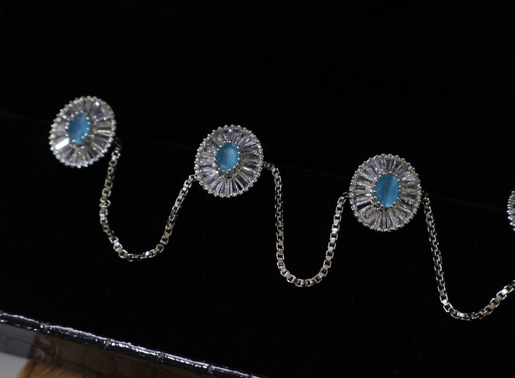Men's Kurta Buttons: Silver & Light Blue Crystal Chain Set