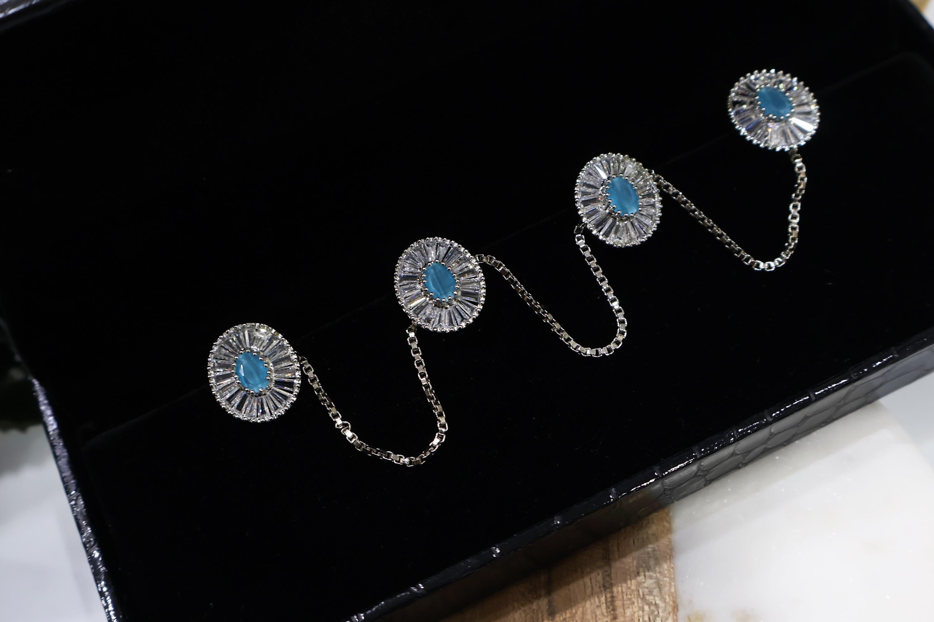Men's Kurta Buttons: Silver & Light Blue Crystal Chain Set