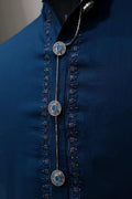 Men's Kurta Buttons: Silver & Light Blue Crystal Chain Set