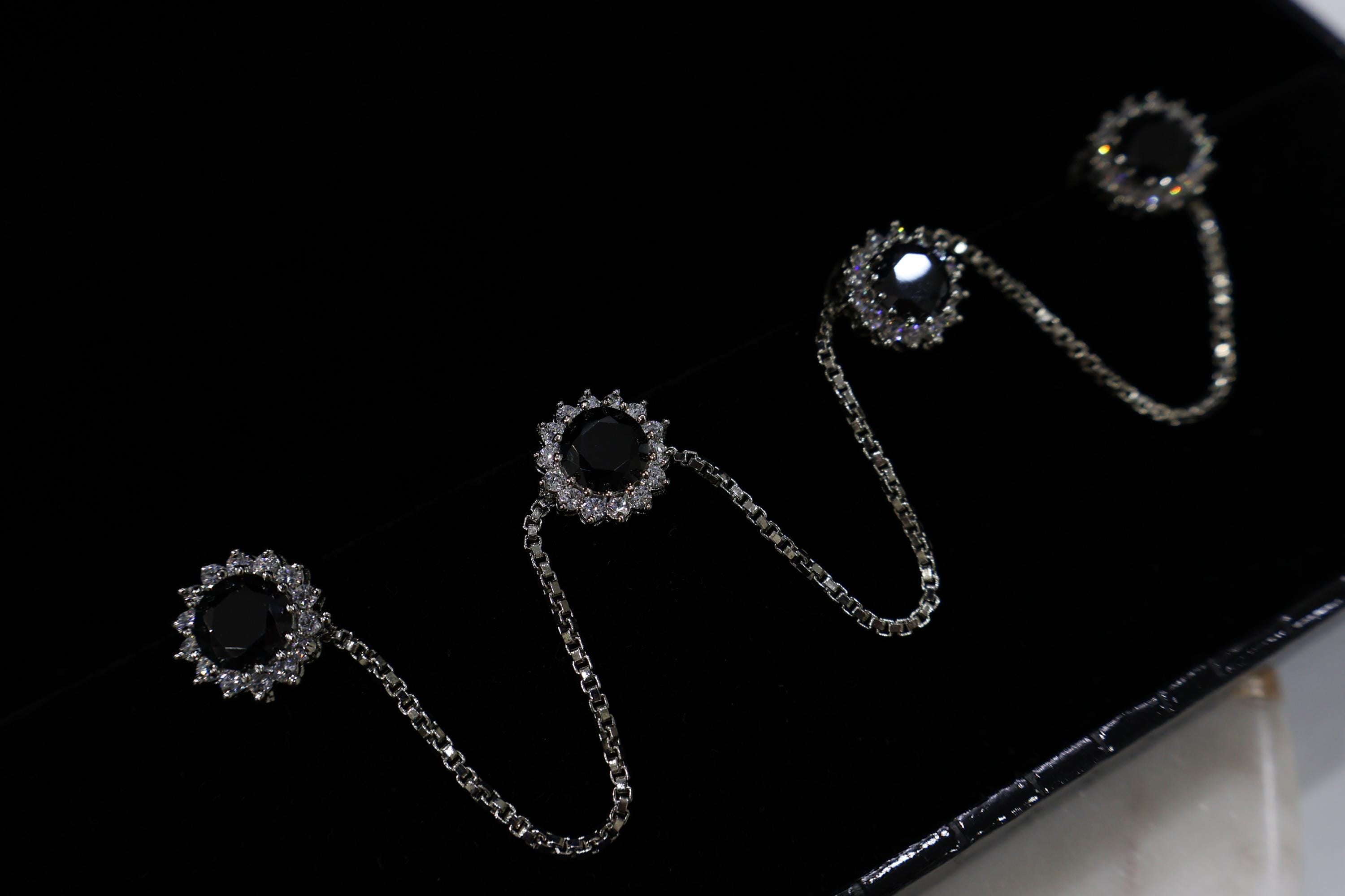 Black Stone Kurta Buttons with Silver Chain - Indian Ethnic Set of 4