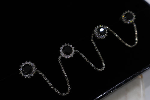 Black Stone Kurta Buttons with Silver Chain - Indian Ethnic Set of 4