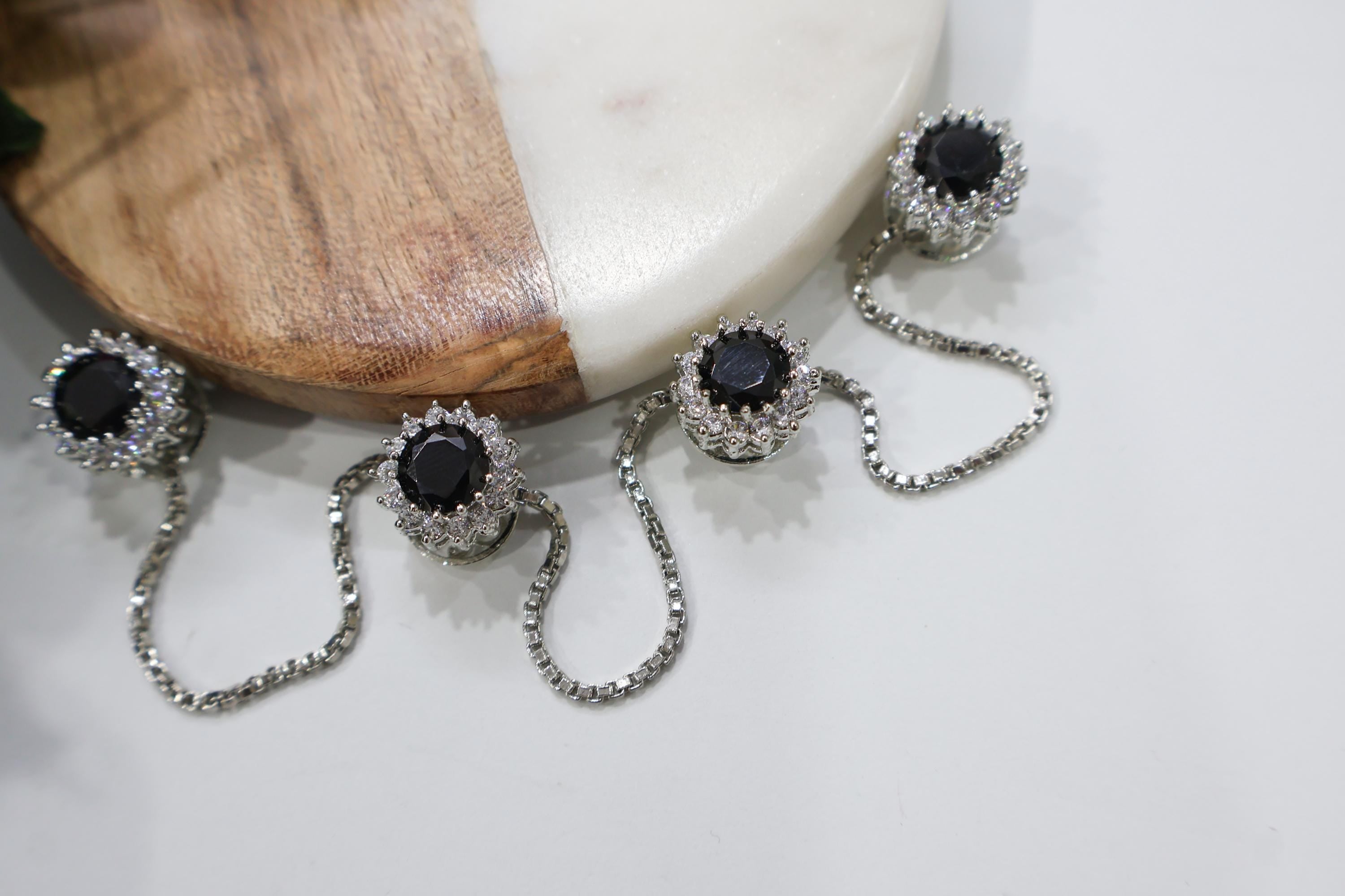 Black Stone Kurta Buttons with Silver Chain - Indian Ethnic Set of 4