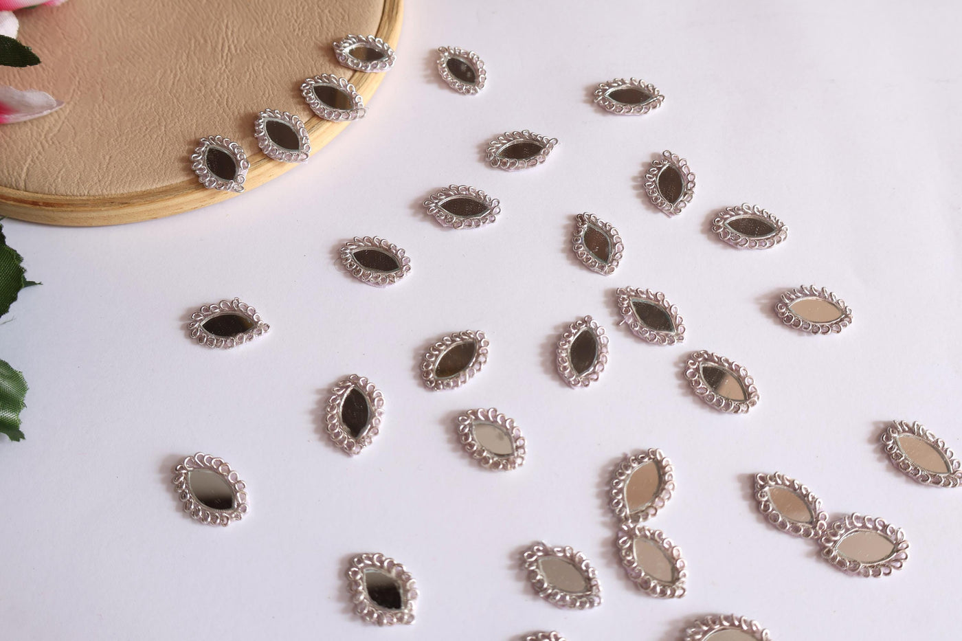 25 Pc - Oval Shaped Silver Mirror Applique Patches, Indian Decorative Zircon Patches