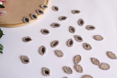25 Pc - Oval Shaped Silver Mirror Applique Patches, Indian Decorative Zircon Patches