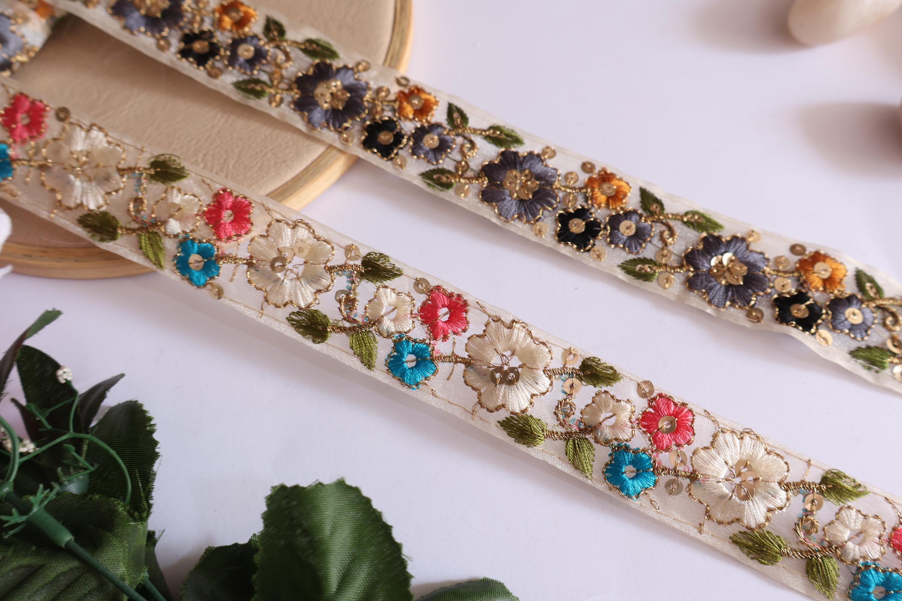 Floral Lace Trim: Colorful Threadwork Indian Ribbon, 9 Yards