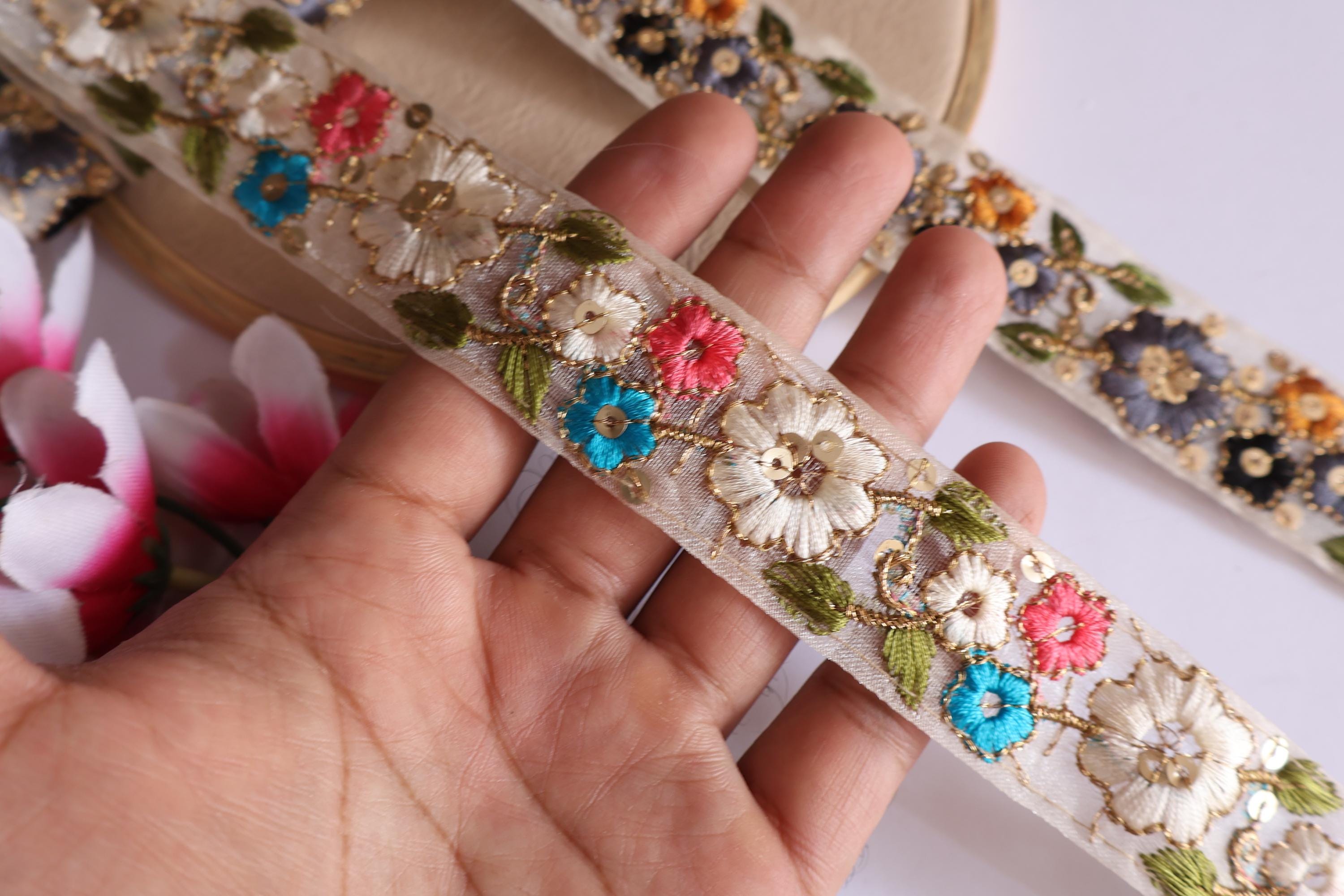 Floral Lace Trim: Colorful Threadwork Indian Ribbon, 9 Yards