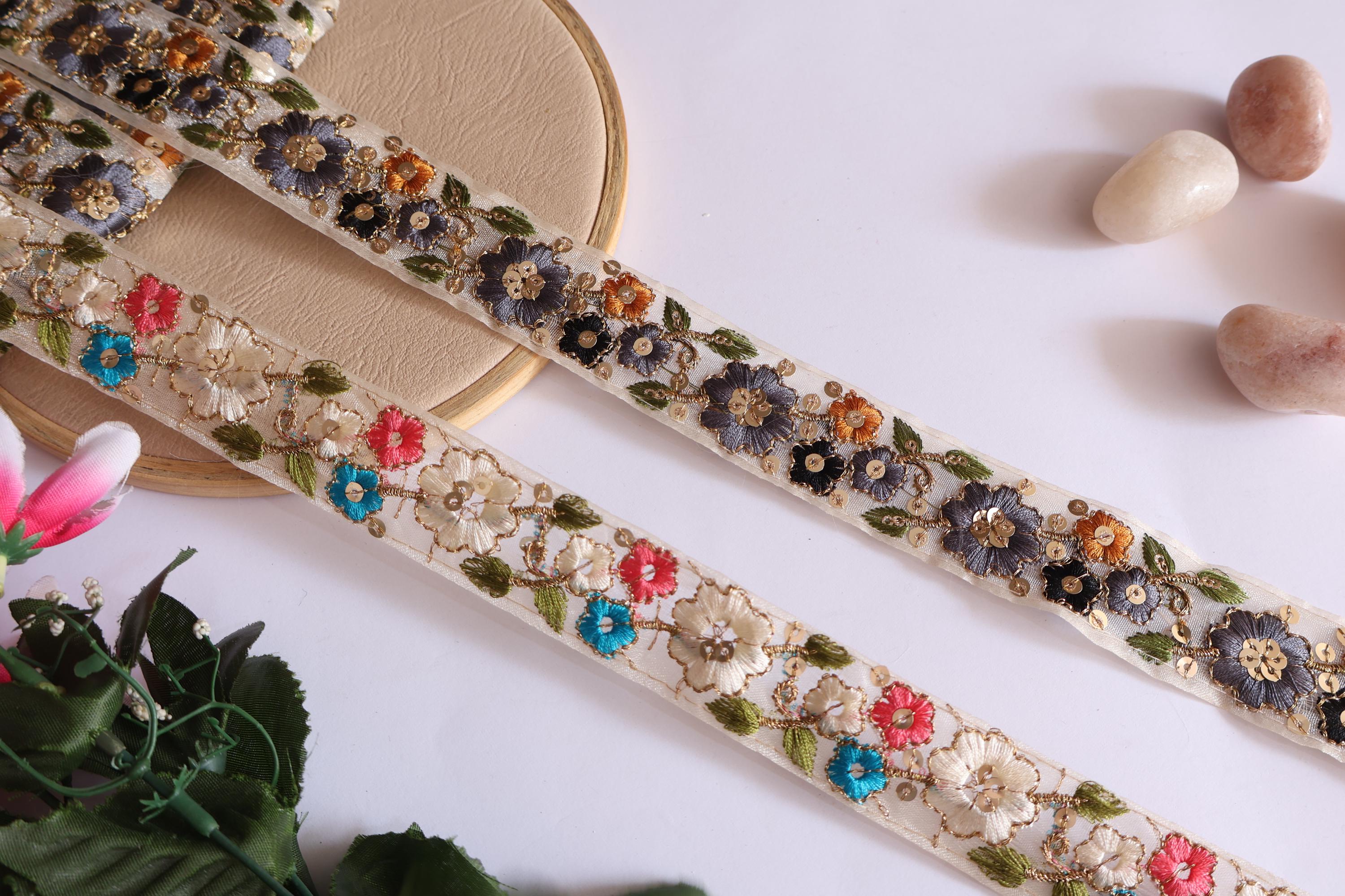 Floral Lace Trim: Colorful Threadwork Indian Ribbon, 9 Yards