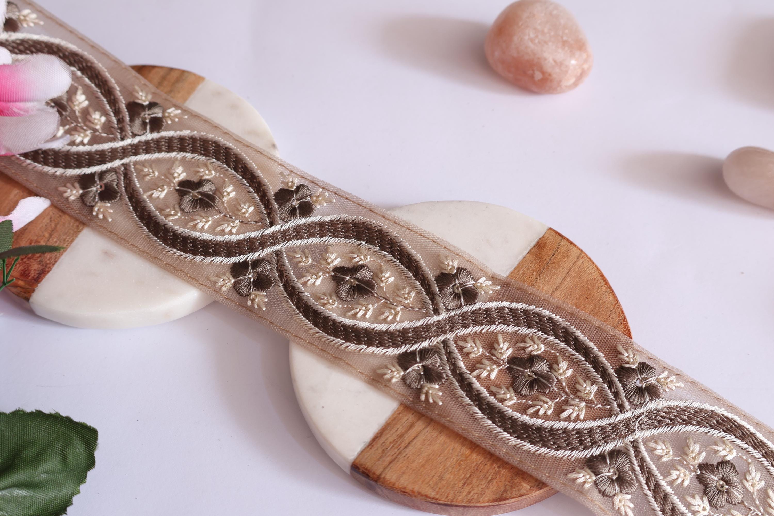 Floral Embroidered Border Trim: Light Brown Lace, Sari Embellishment (9 Yards)