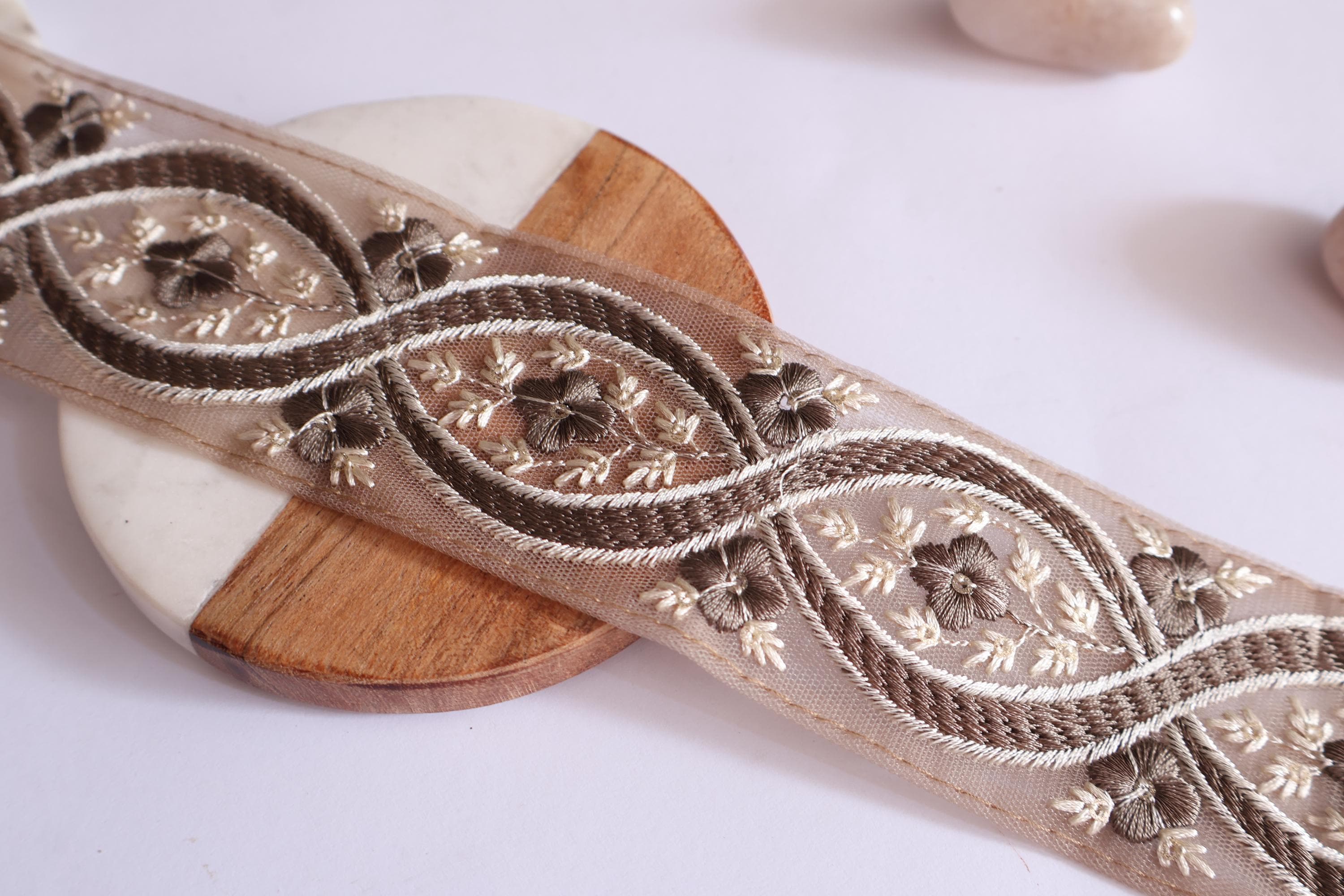 Floral Embroidered Border Trim: Light Brown Lace, Sari Embellishment (9 Yards)