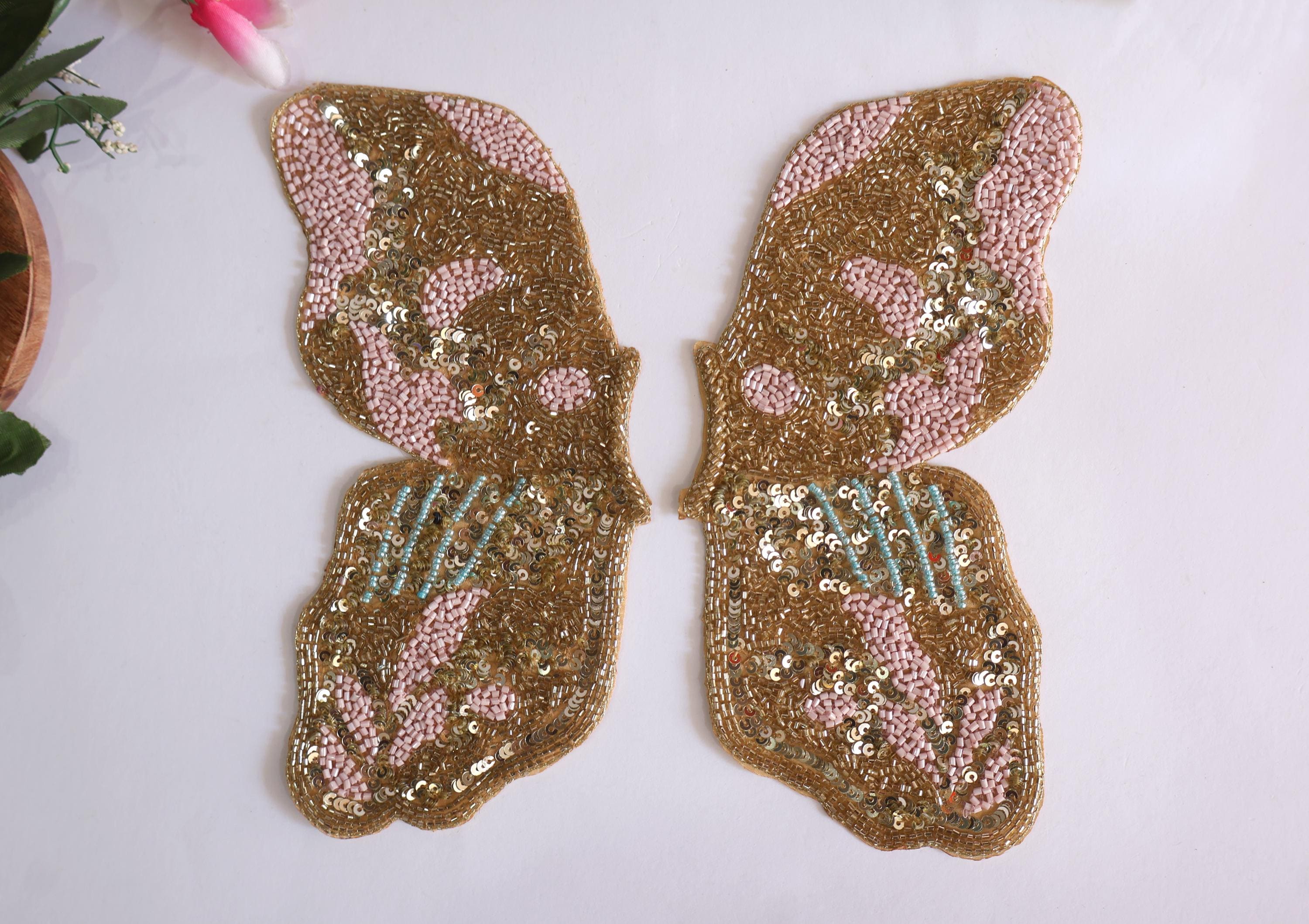 Handmade Pink & Gold Butterfly Applique: Beaded Indian Embroidery Patch