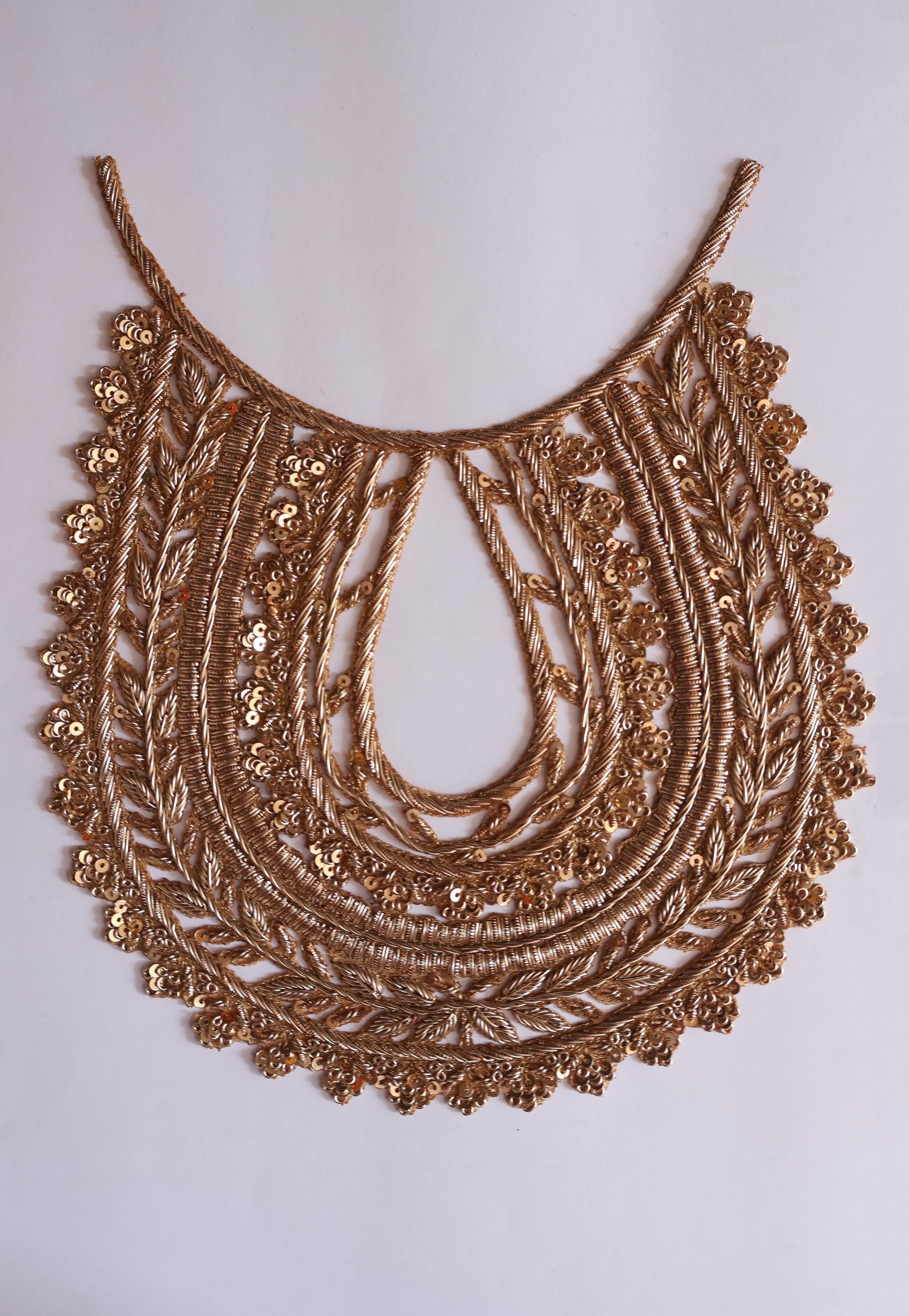 Embroidered Golden Neckline Patch with Trim: Indian Zardozi Applique