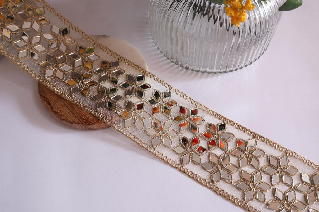 Golden Zari Trim Lace: Symmetrical Mirrors, Indian Sari Border