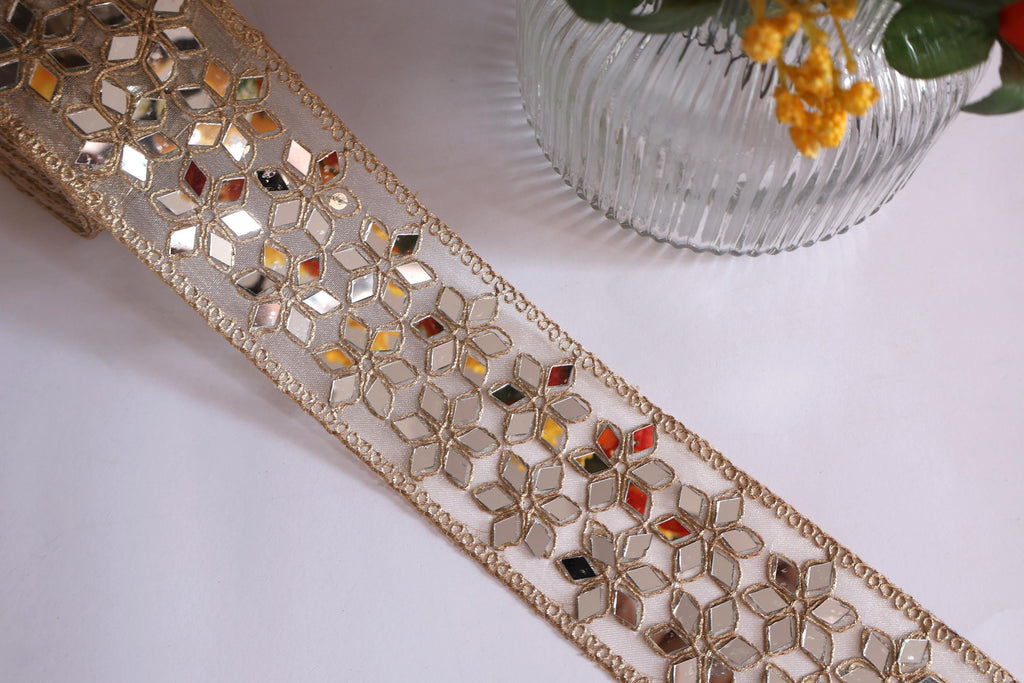 Golden Zari Trim Lace: Symmetrical Mirrors, Indian Sari Border