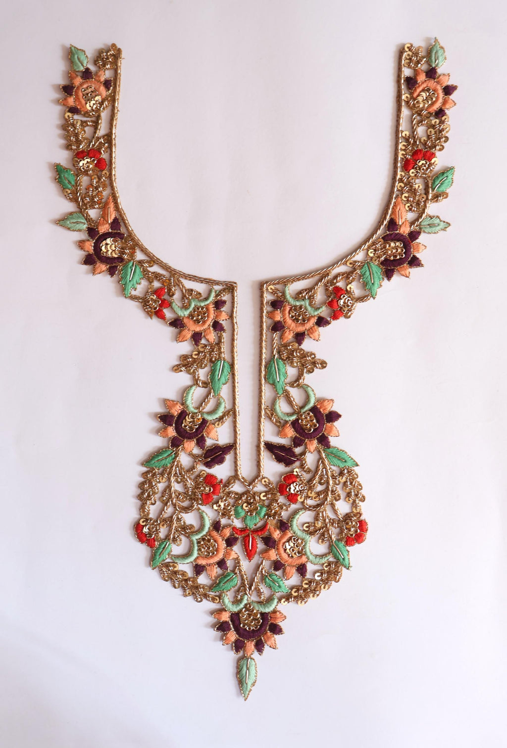 Zardozi Embroidered Neckline Patch: Pista Green & Red Indian Gala Applique