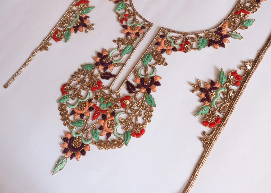 Zardozi Embroidered Neckline Patch: Pista Green & Red Indian Gala Applique