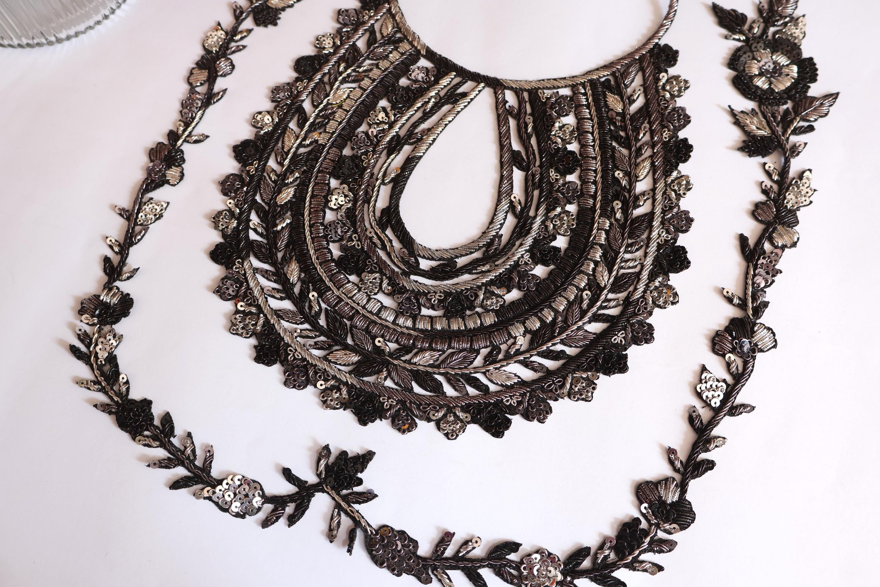 Embroidered Silver Black Neckline Patch: Indian Zardozi Vine Trim