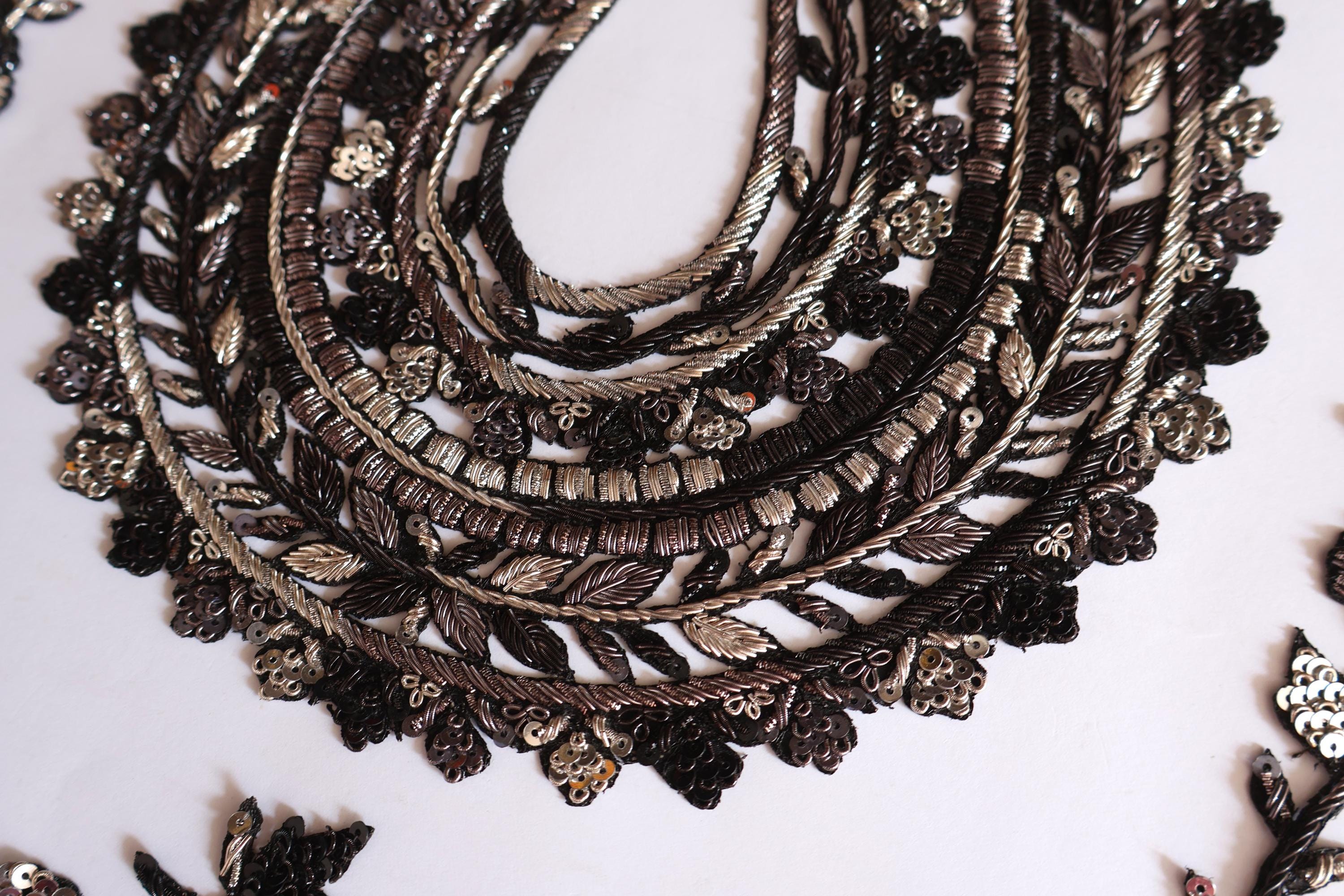 Embroidered Silver Black Neckline Patch: Indian Zardozi Vine Trim