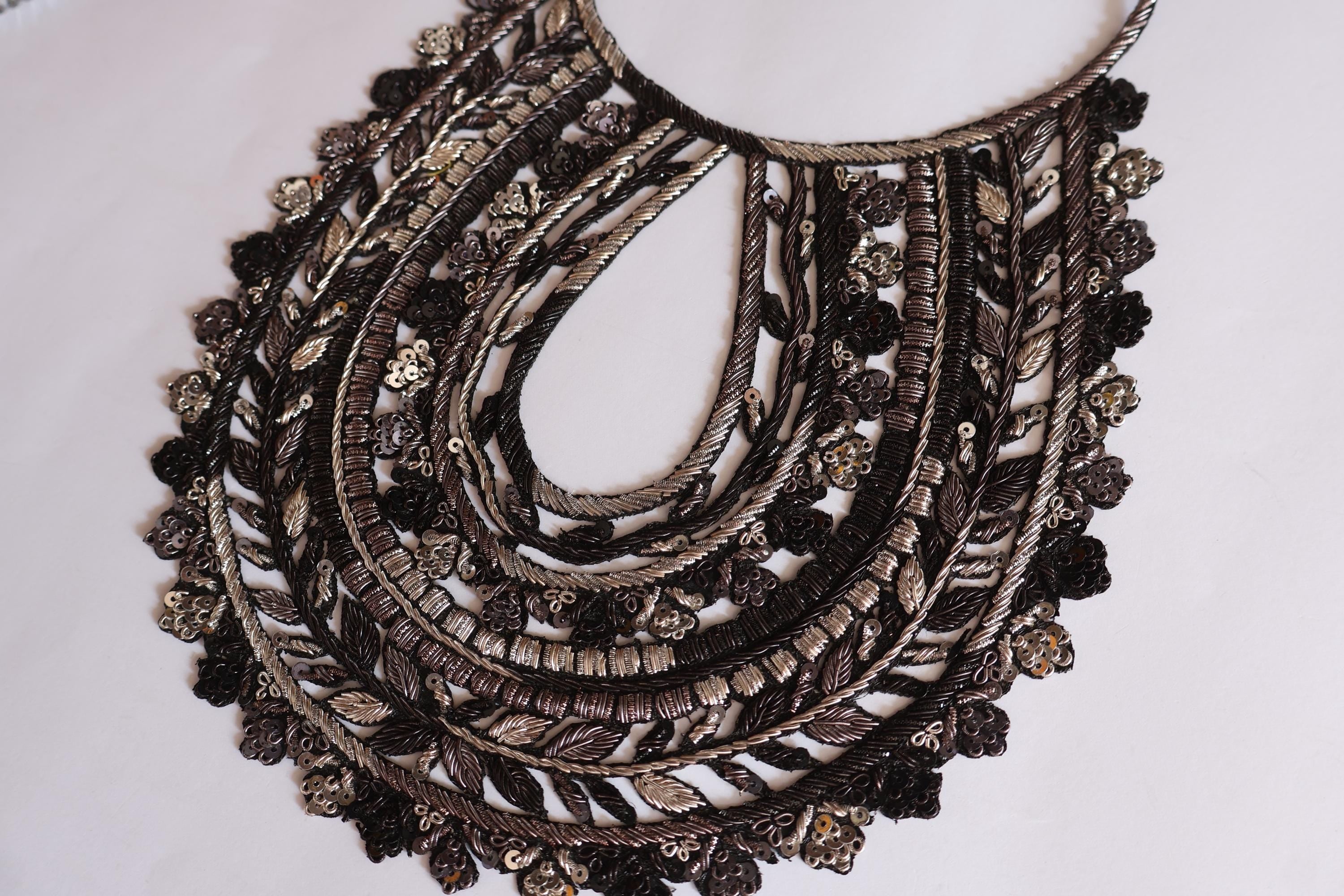 Embroidered Silver Black Neckline Patch: Indian Zardozi Vine Trim