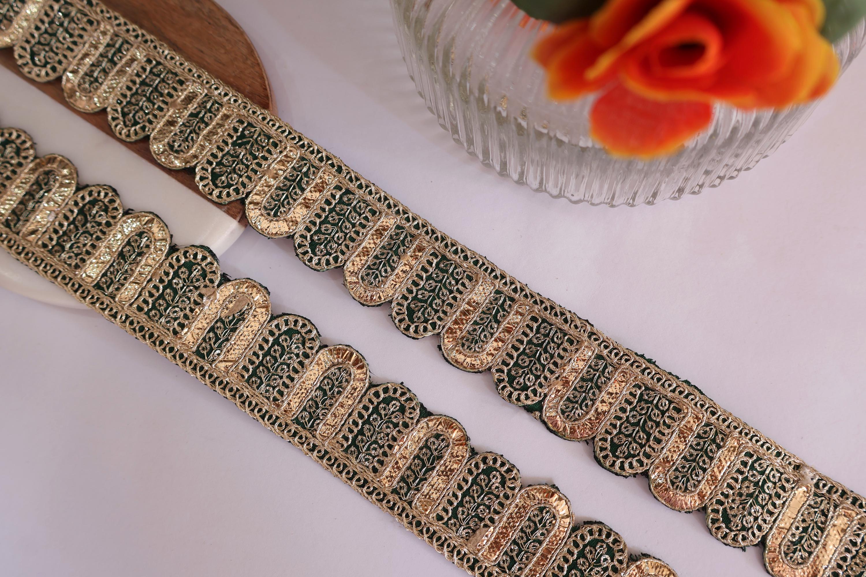 Rama Green Scalloped Lace Trim: Golden Gota Patti Embroidered Sari Border, 9 Yards