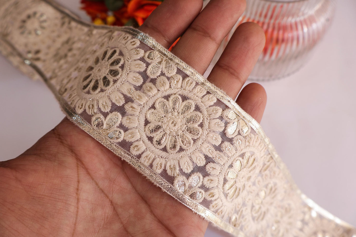 White & Gold Gota Patti Floral Lace - Indian Sari Border Trim