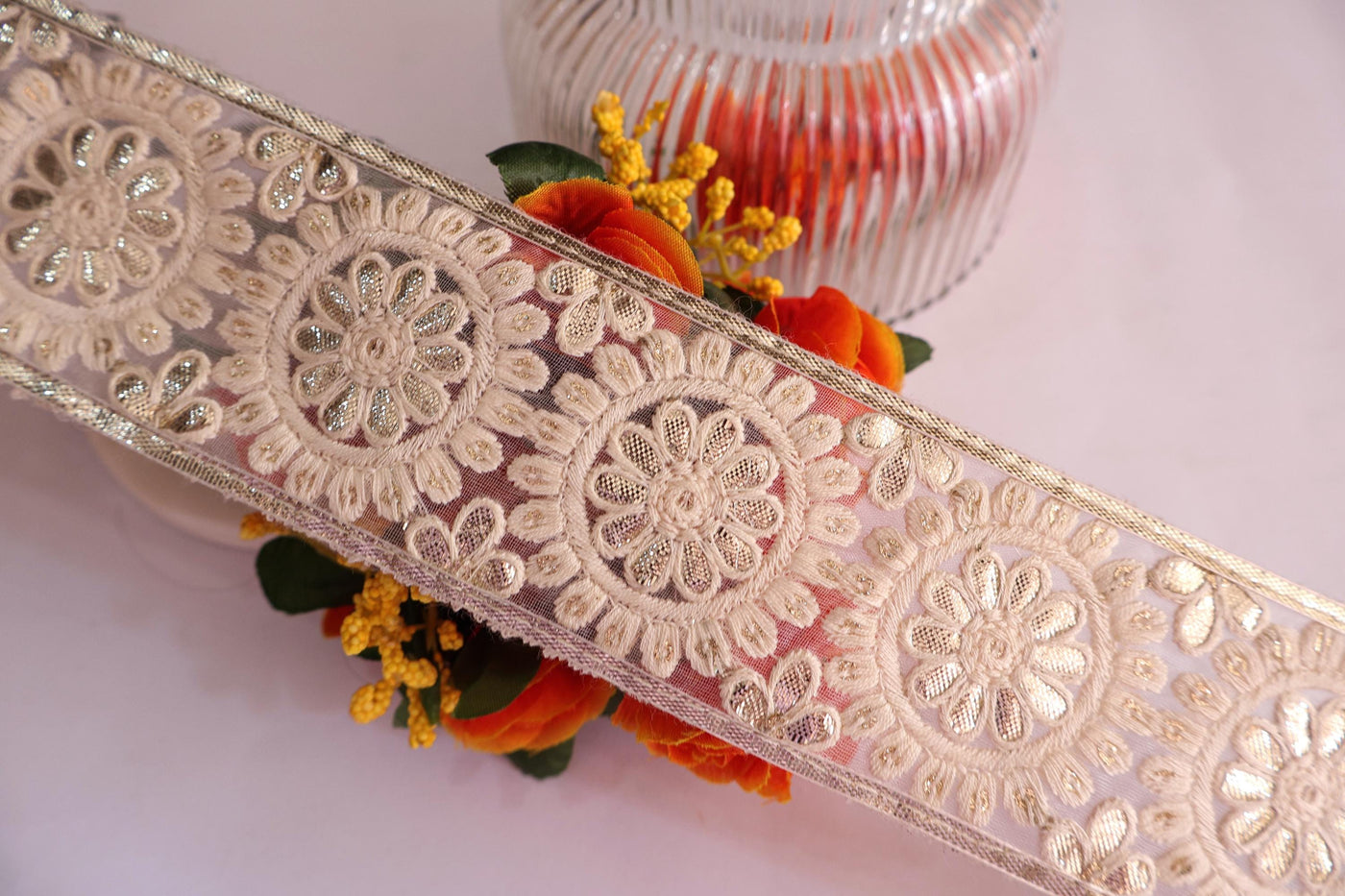 White & Gold Gota Patti Floral Lace - Indian Sari Border Trim