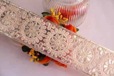 White & Gold Gota Patti Floral Lace - Indian Sari Border Trim