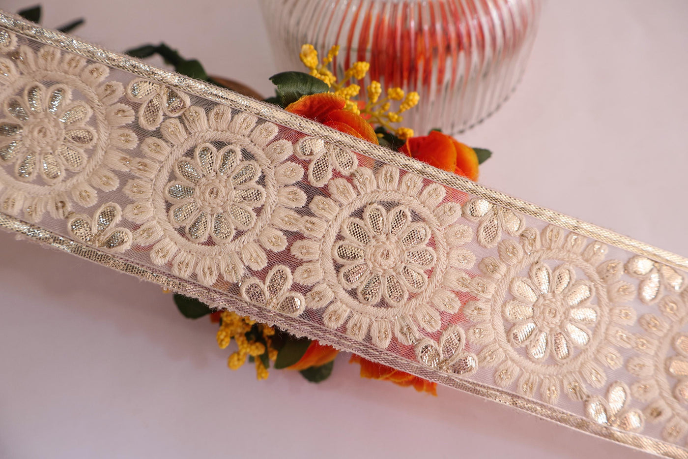 White & Gold Gota Patti Floral Lace - Indian Sari Border Trim