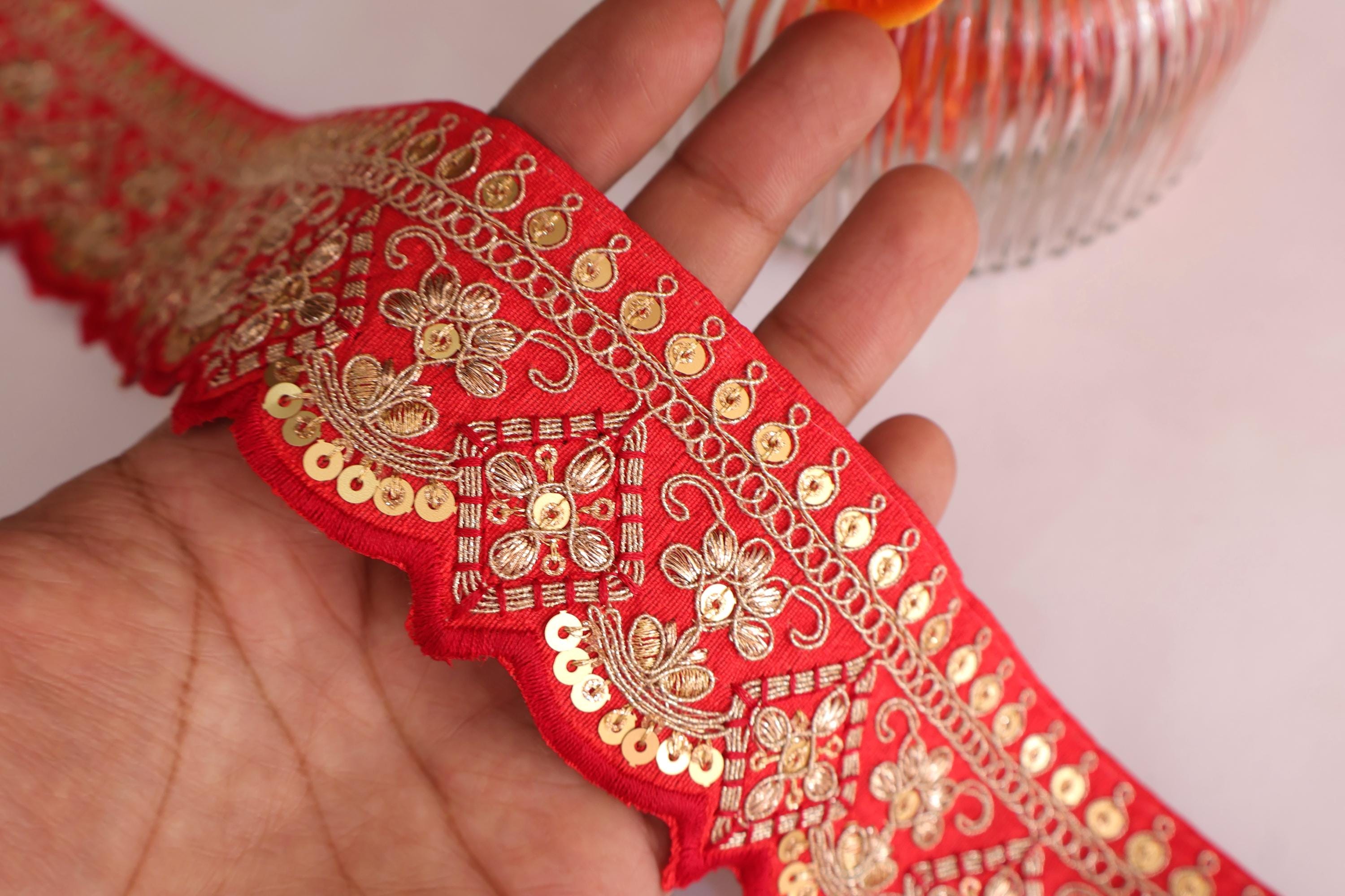 Scarlet Red Embroidered Scallop Lace: Gold Zari Sari Border Trim (9 Yards)