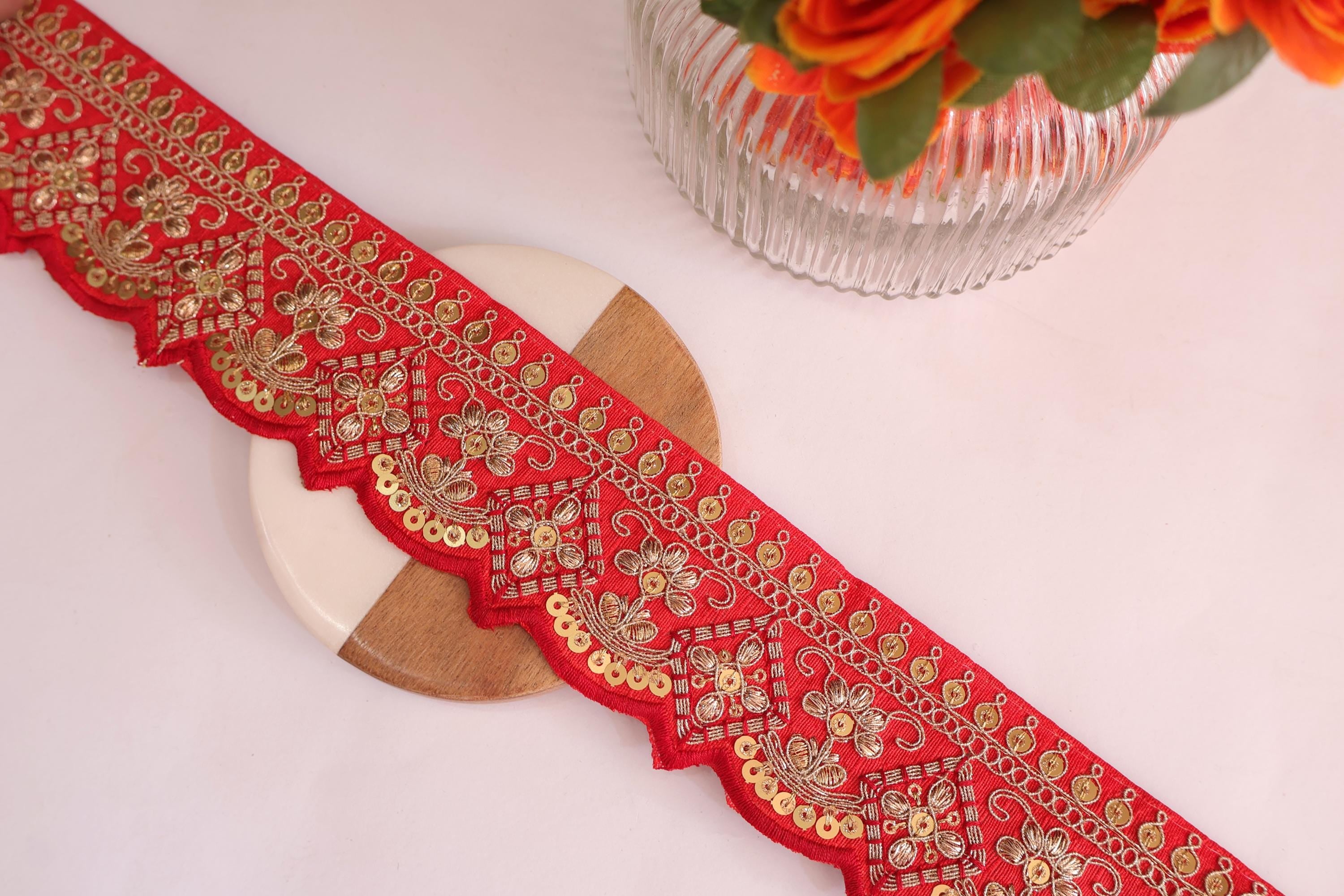 Scarlet Red Embroidered Scallop Lace: Gold Zari Sari Border Trim (9 Yards)