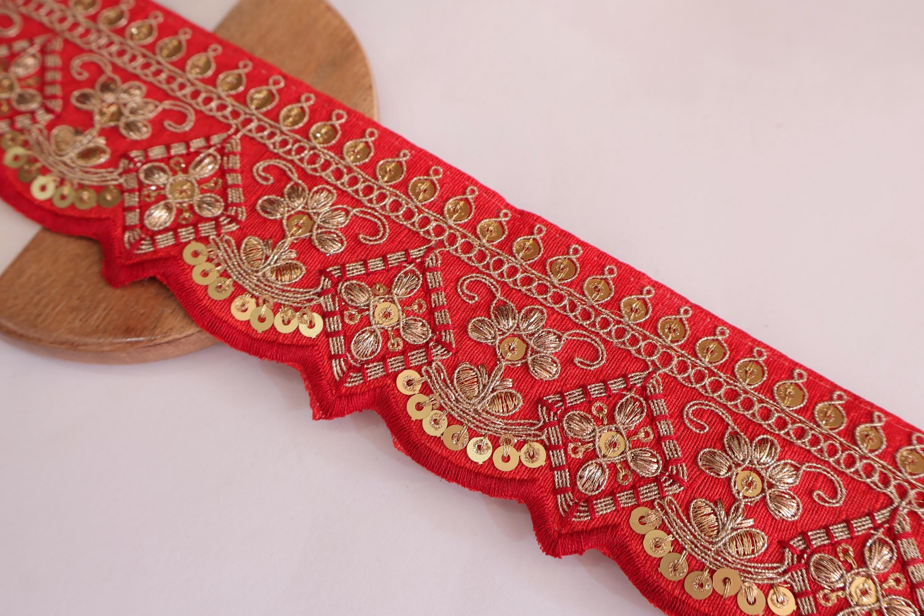 Scarlet Red Embroidered Scallop Lace: Gold Zari Sari Border Trim (9 Yards)