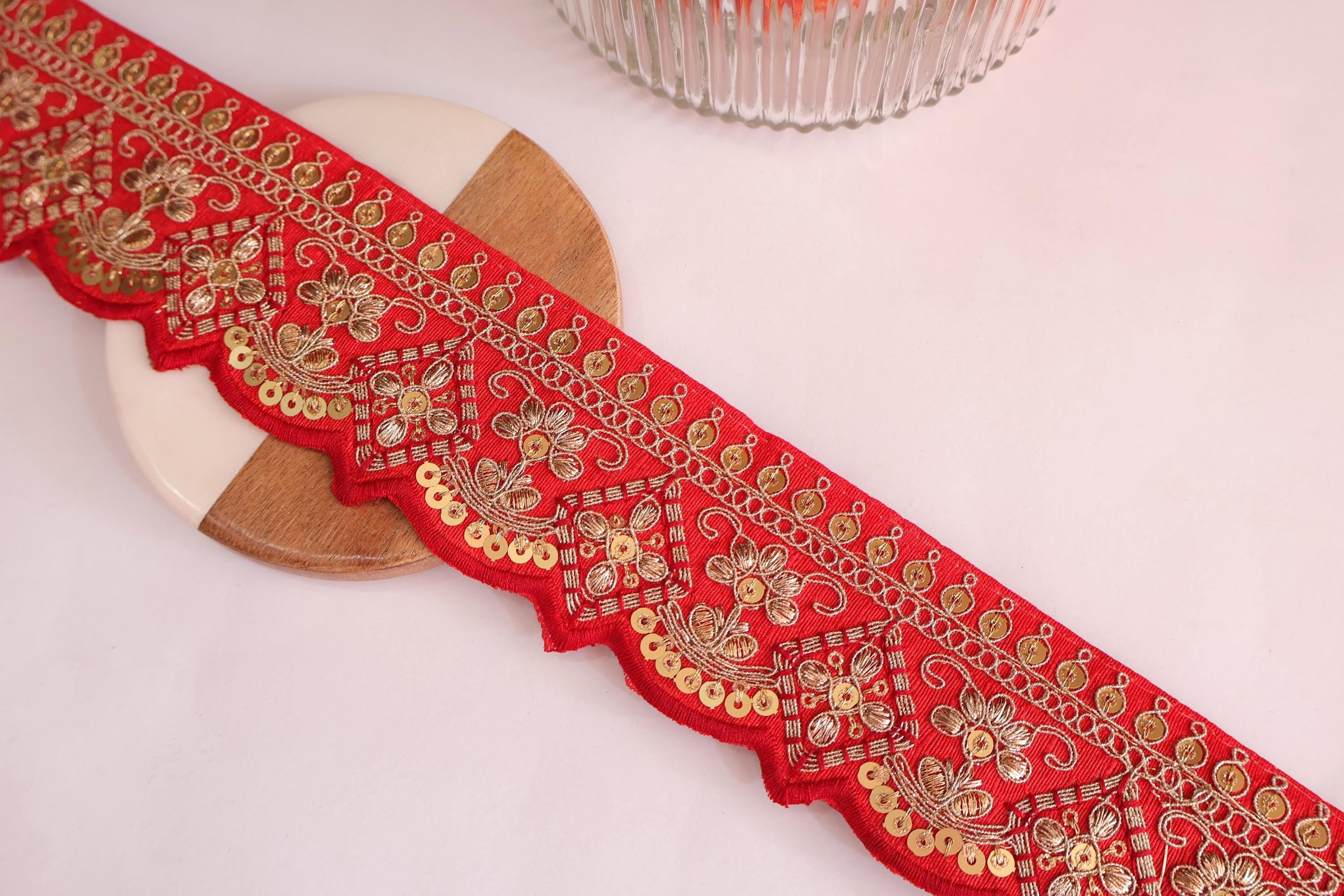 Scarlet Red Embroidered Scallop Lace: Gold Zari Sari Border Trim (9 Yards)