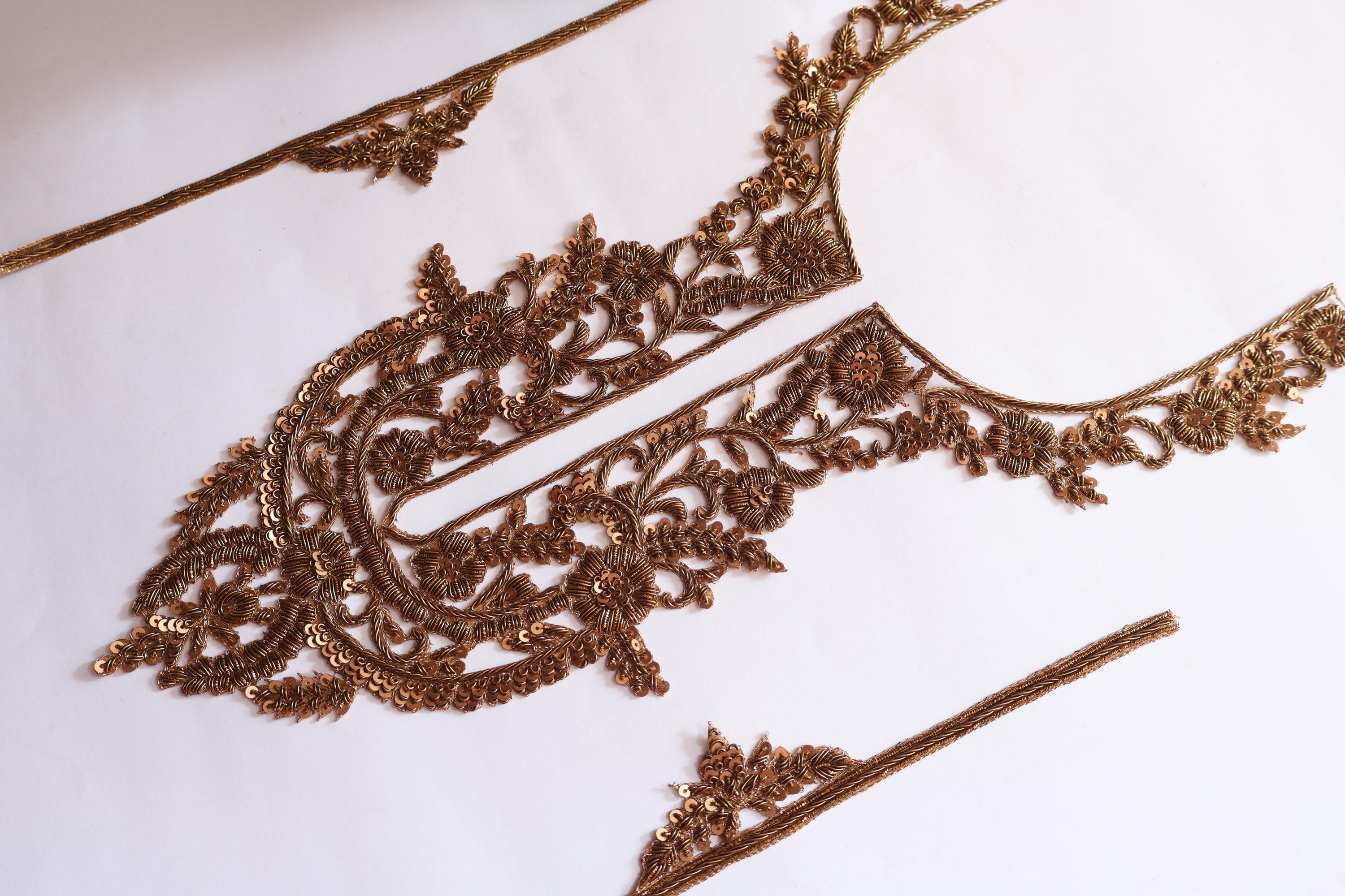 Embroidered Zardozi Neckline Patch with Sleeves: Indian Brasswork Applique