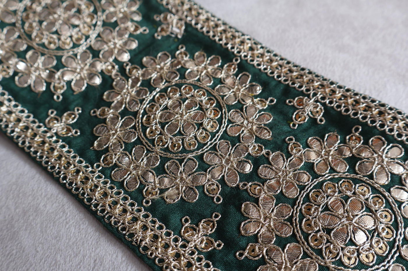 Dark Green Golden Gota Patti & Sequin Trim Lace, 11 cm Wide - 1 Yard