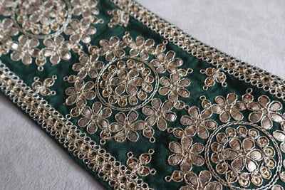 Dark Green Golden Gota Patti & Sequin Trim Lace, 11 cm Wide - 1 Yard
