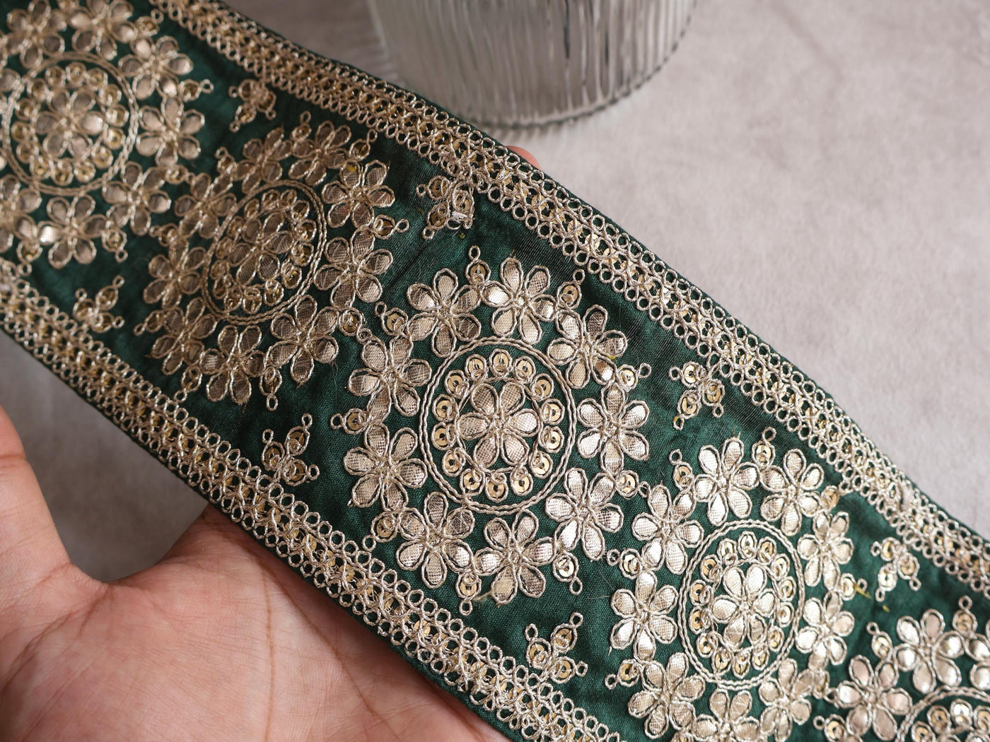 Dark Green Golden Gota Patti & Sequin Trim Lace, 11 cm Wide - 1 Yard