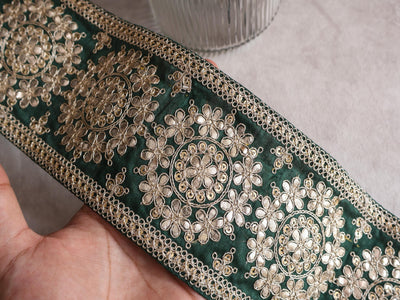 Dark Green Golden Gota Patti & Sequin Trim Lace, 11 cm Wide - 1 Yard