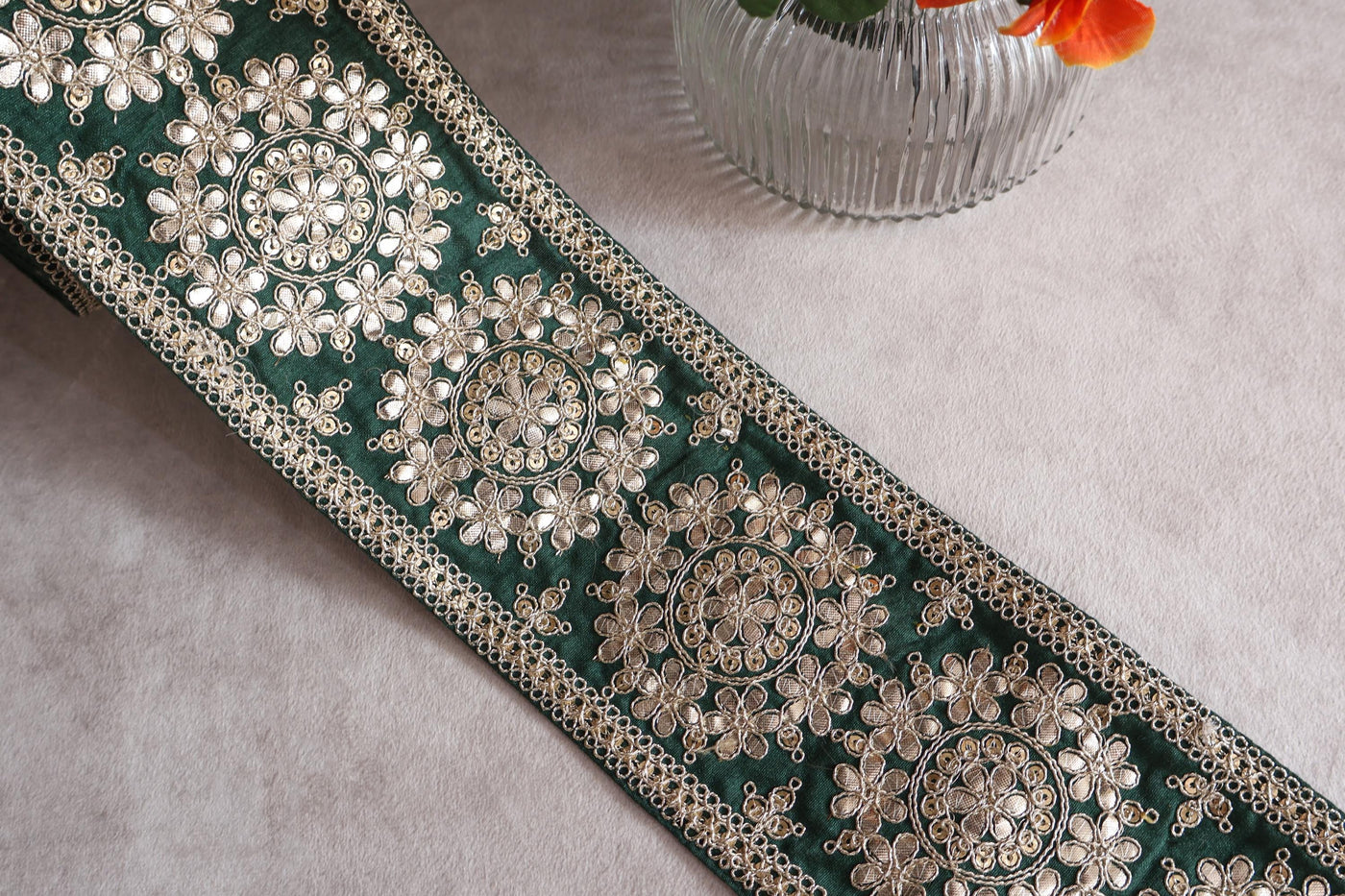 Dark Green Golden Gota Patti & Sequin Trim Lace, 11 cm Wide - 1 Yard