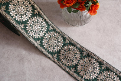 Dark Green Golden Gota Patti & Sequin Trim Lace, 11 cm Wide - 1 Yard