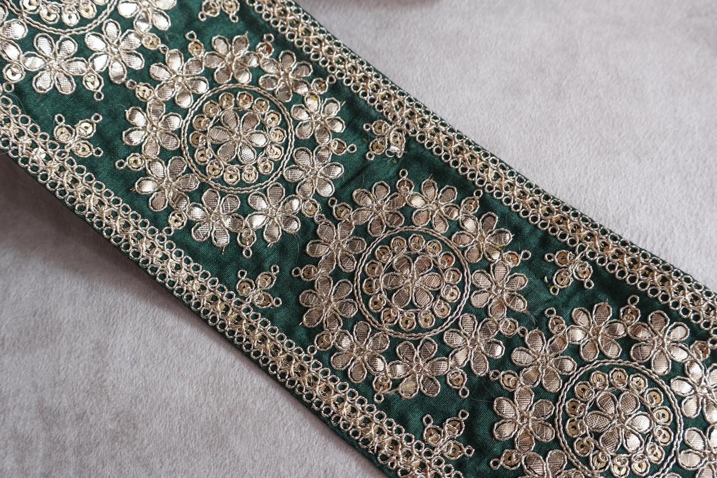 Dark Green Golden Gota Patti & Sequin Trim Lace, 11 cm Wide - 1 Yard