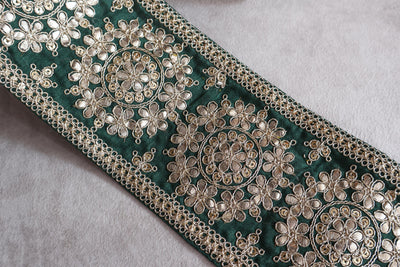 Dark Green Golden Gota Patti & Sequin Trim Lace, 11 cm Wide - 1 Yard