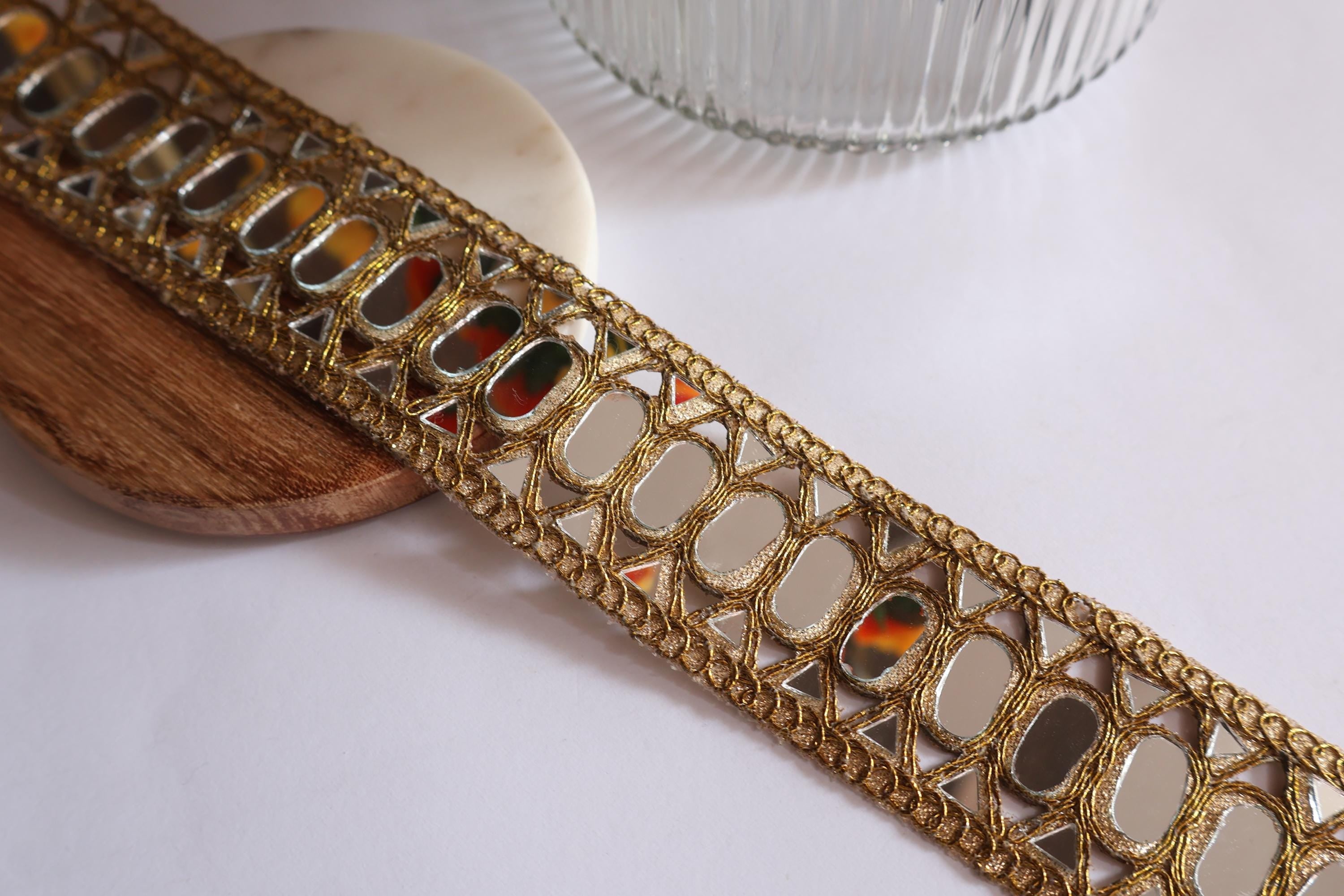 Golden Mirror Cutwork Trim: Indian Sari Border, Wedding Embellishment