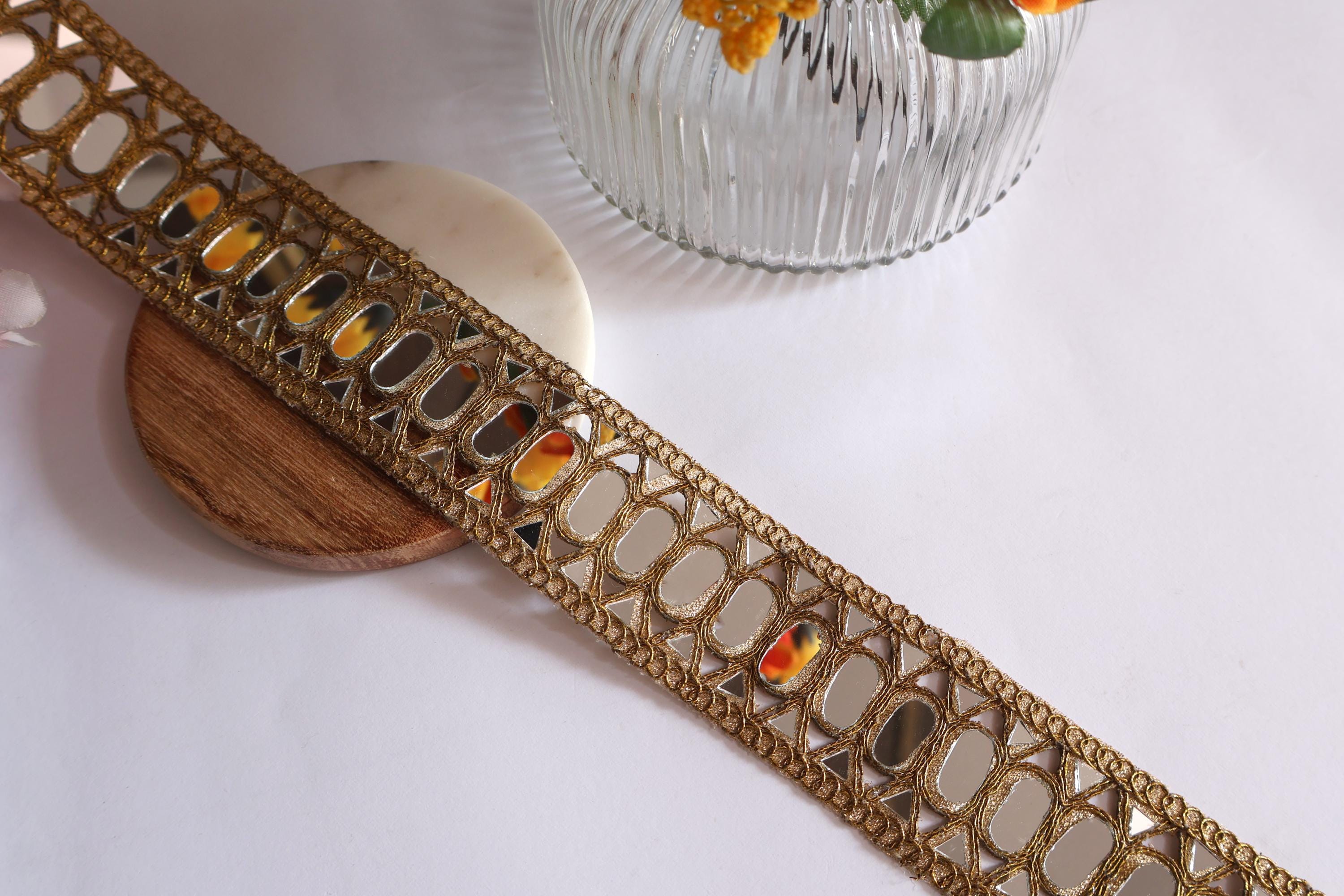 Golden Mirror Cutwork Trim: Indian Sari Border, Wedding Embellishment