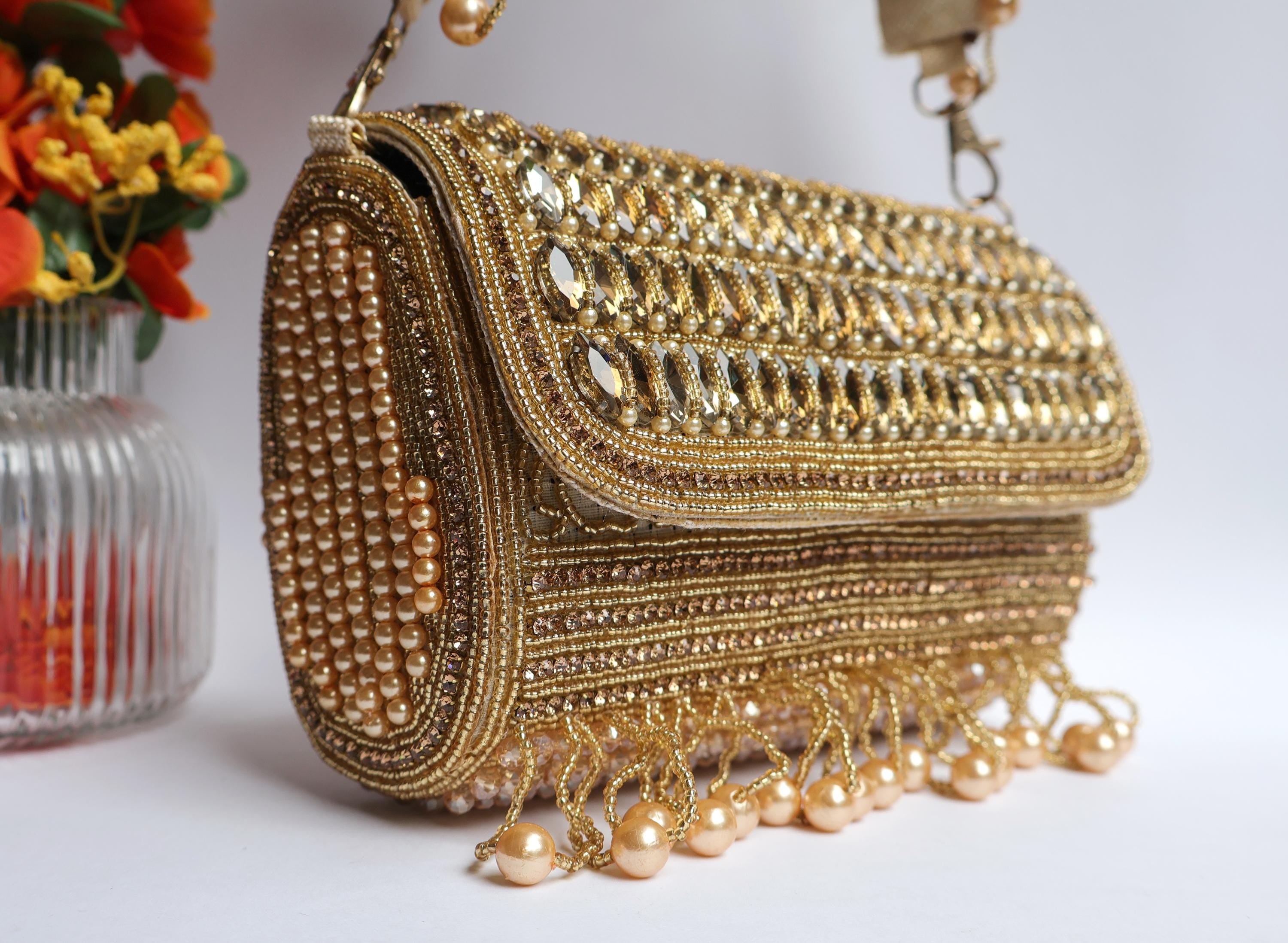Handcrafted Champagne Gold Bridal Clutch: Crystal & Pearl Wedding Bag