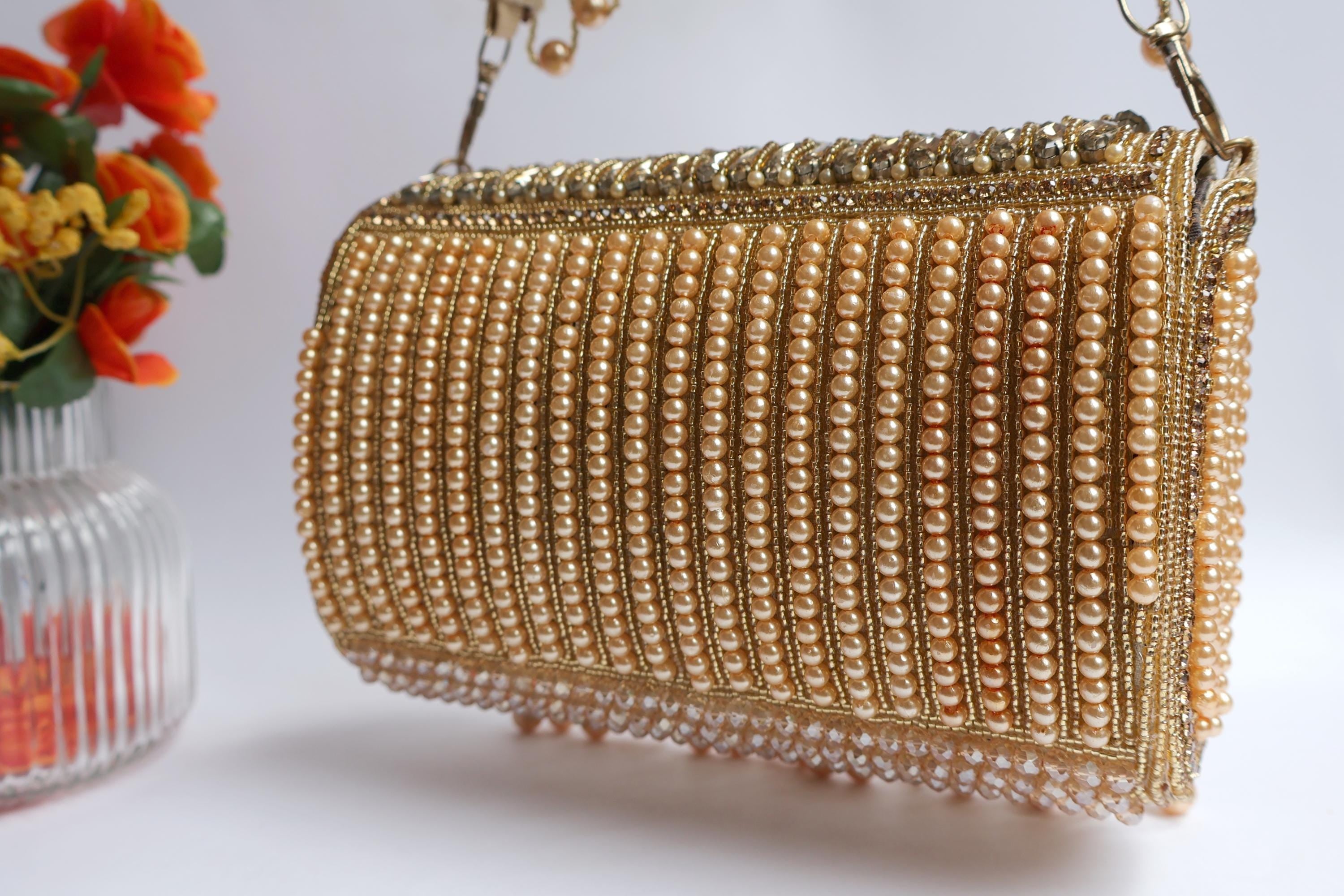 Handcrafted Champagne Gold Bridal Clutch: Crystal & Pearl Wedding Bag