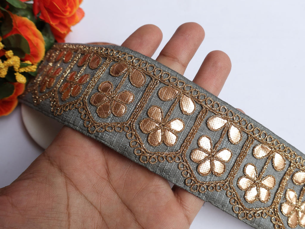 Grey Gota Patti Embroidered Lace Border: Indian Sari Dress Trim