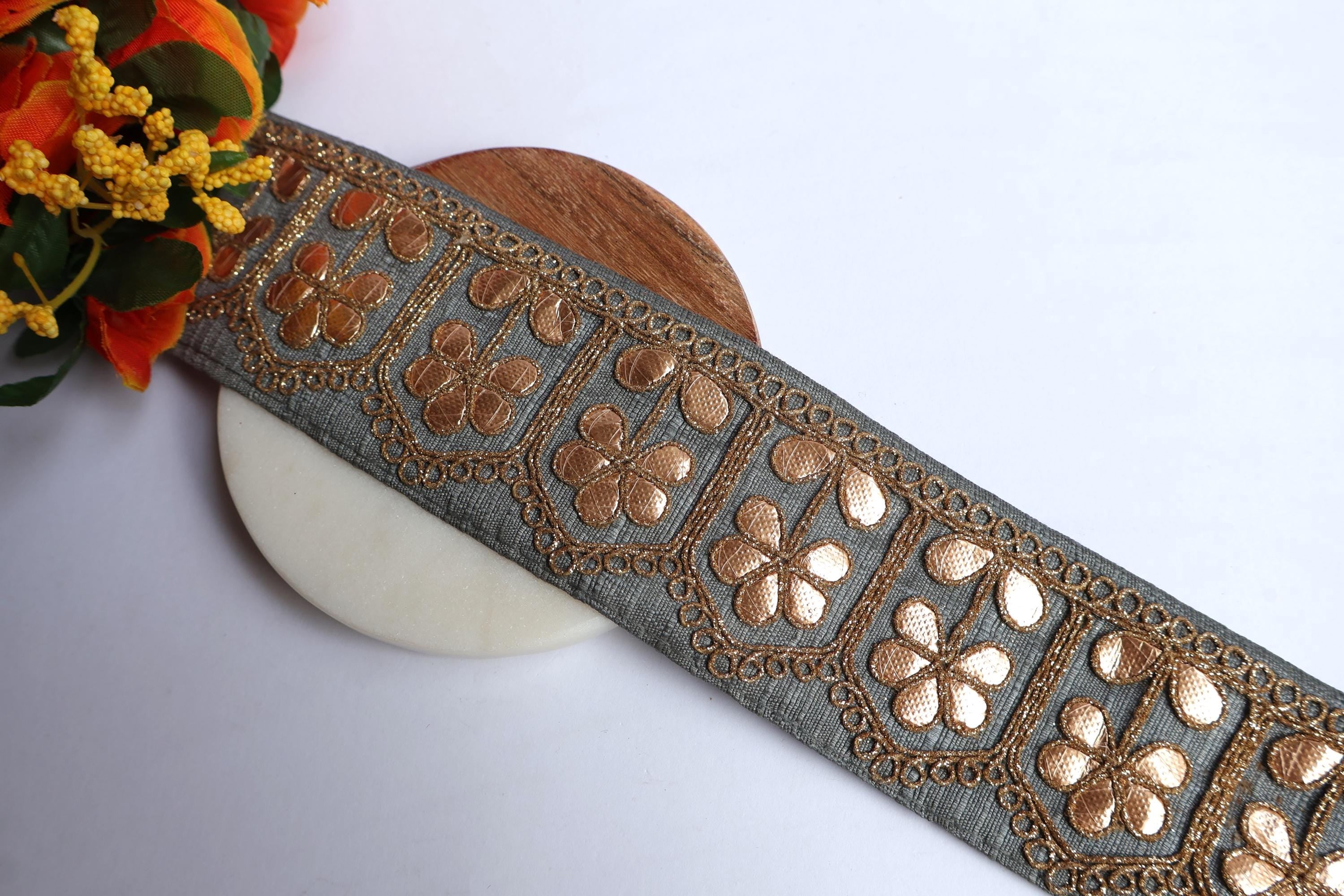 Grey Gota Patti Embroidered Lace Border: Indian Sari Dress Trim