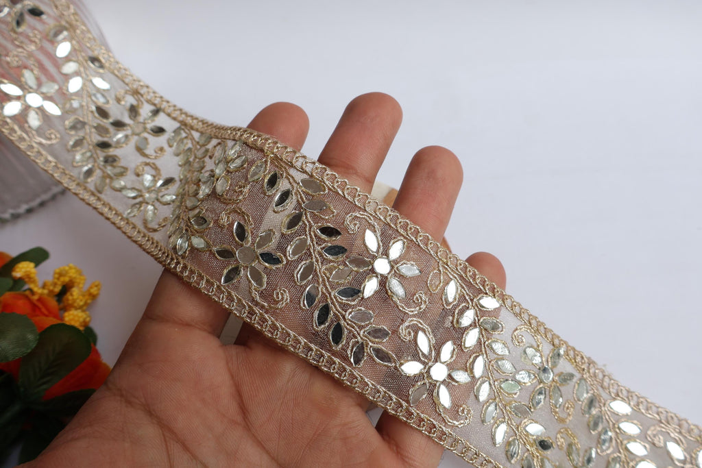 Golden Mirror Zari Border Lace: Indian Sari Trim (4.5cm Wide)