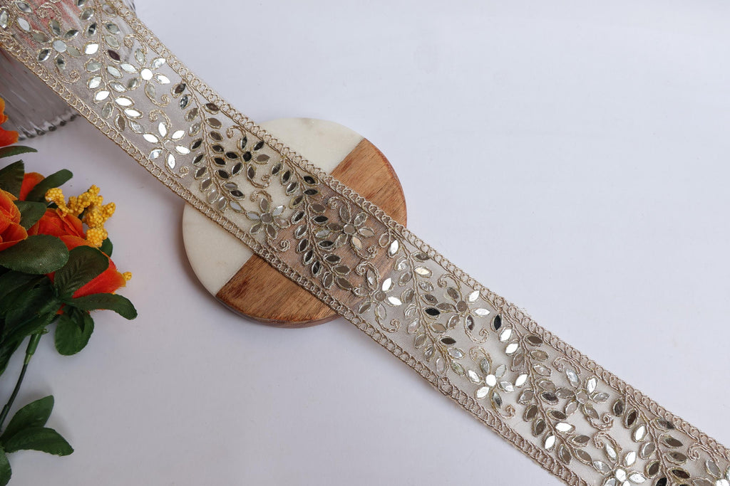 Golden Mirror Zari Border Lace: Indian Sari Trim (4.5cm Wide)