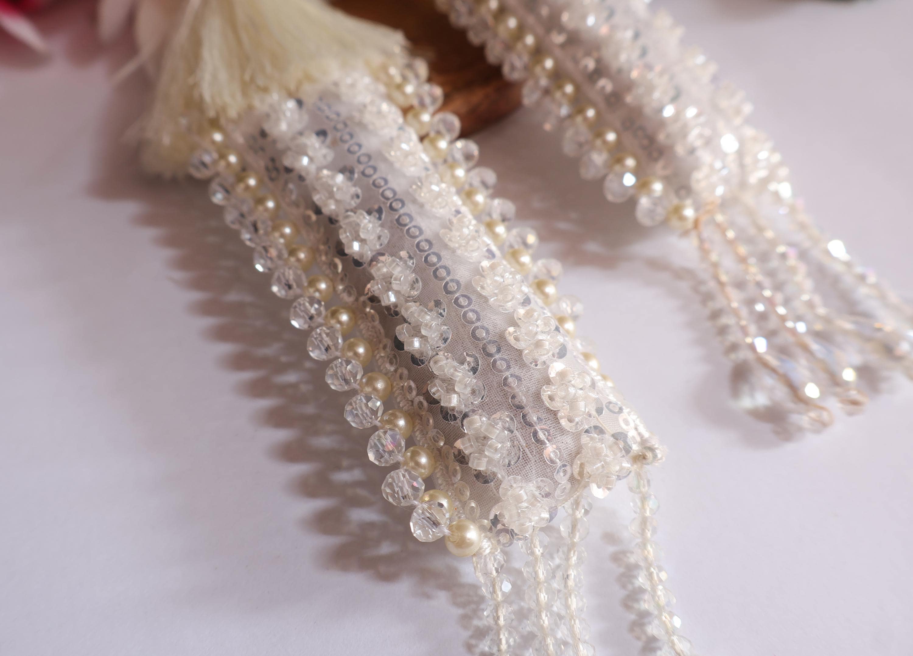 Pearl & Crystal Tassel Latkan: Indian Bridal Lehenga Dupatta Embellishment (Pair)